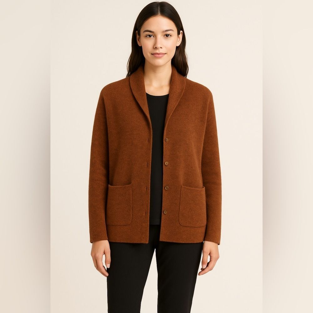 Eileen Fisher Rust Wool Mohair Shawl Collar Cardigan Sweater Small
